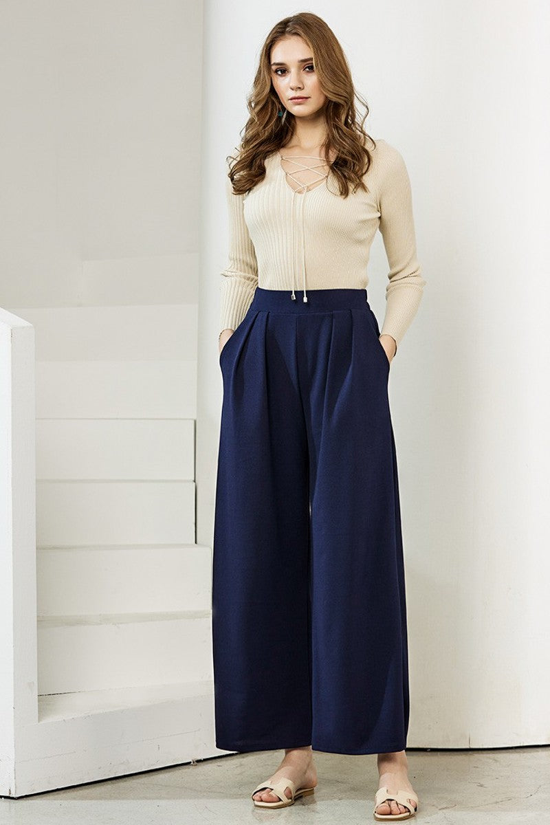 Cognac Plus Stretch Crepe High Waist Tuck Wide Leg Pants