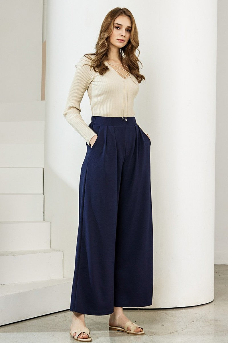 Cognac Plus Stretch Crepe High Waist Tuck Wide Leg Pants