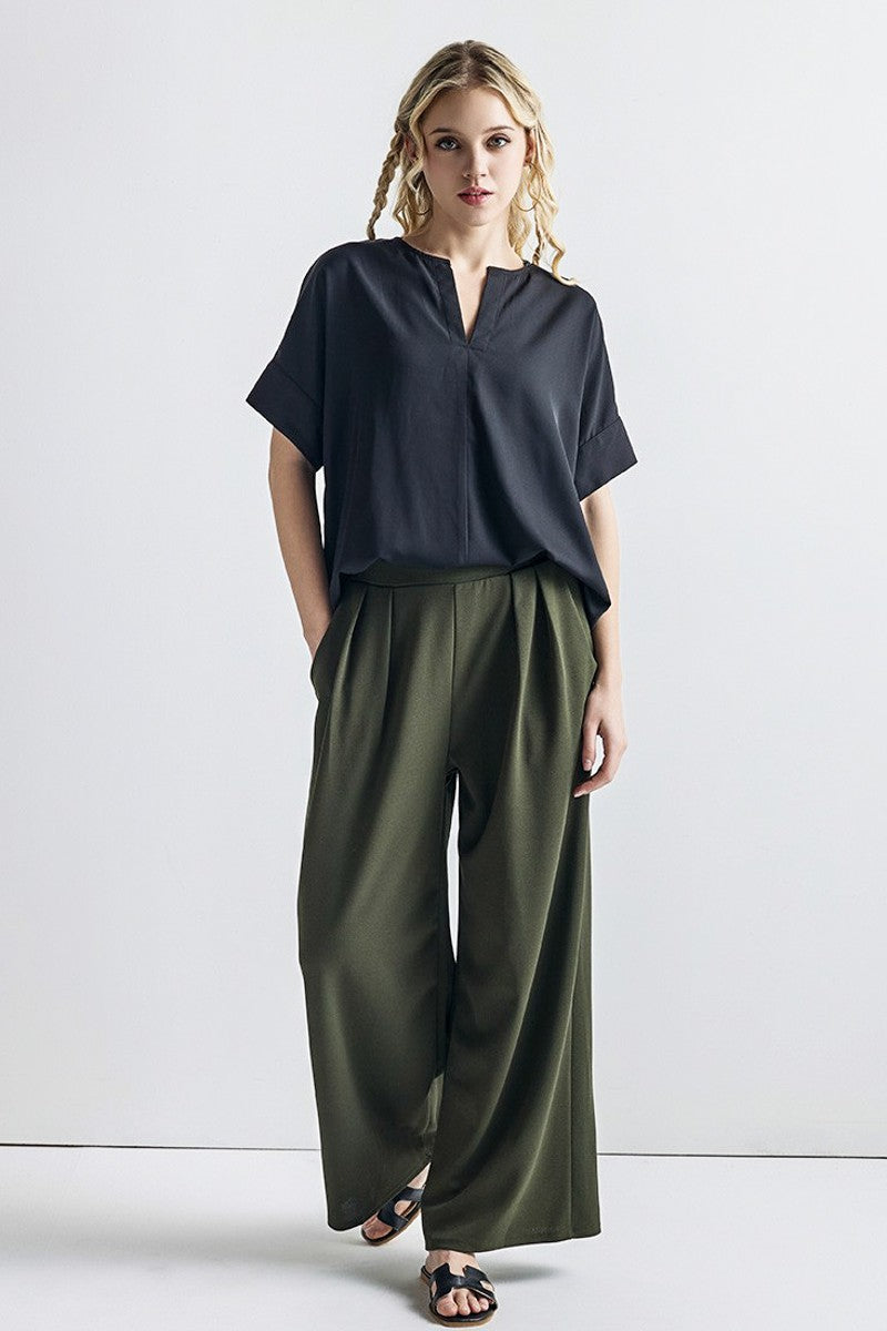 Navy Plus Stretch Crepe High Waist Tuck Wide Leg Pants