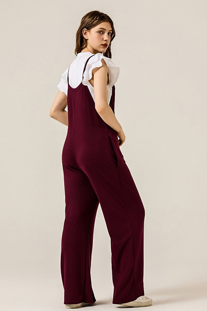 Black Boho Terry Wide Leg Jumpsuits With Pocket