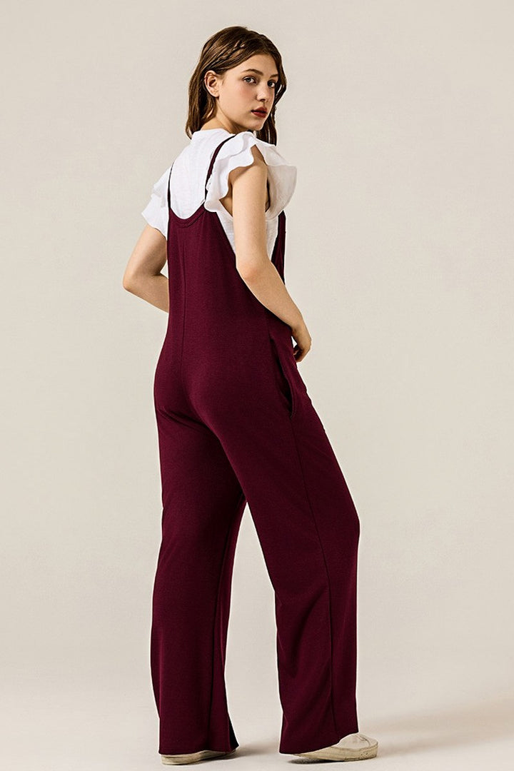 Black Boho Terry Wide Leg Jumpsuits With Pocket