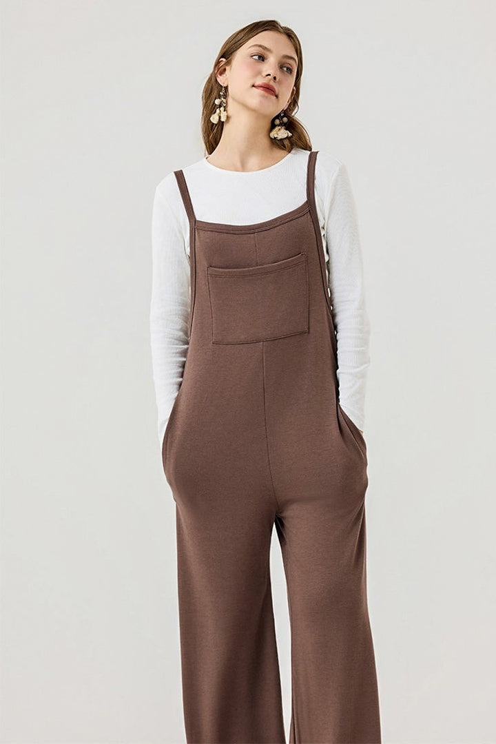 Camel Boho Terry Wide Leg Jumpsuits With Pocket