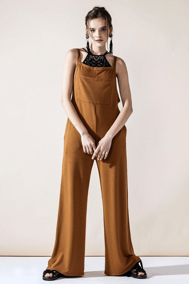 Brown Boho Terry Wide Leg Jumpsuits With Pocket