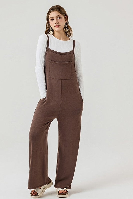 Brown Boho Terry Wide Leg Jumpsuits With Pocket 1