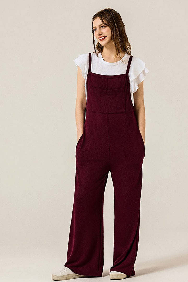 Black Boho Terry Wide Leg Jumpsuits With Pocket