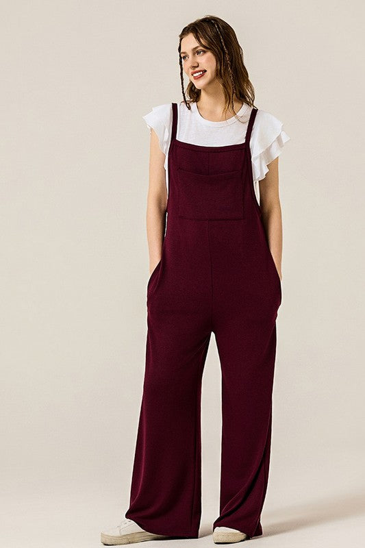 Marsala Boho Terry Wide Leg Jumpsuits With Pocket 1