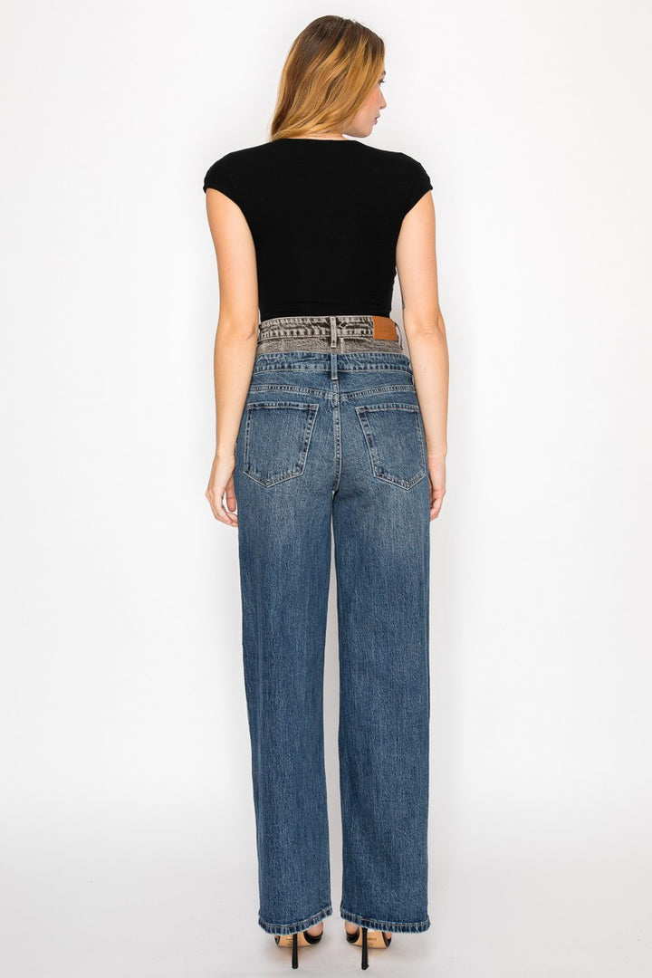 Double Snap Waistband Ultra High Rise Wide Jeans