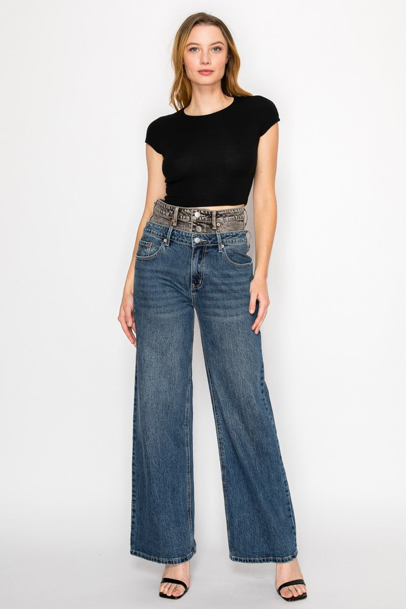 Medium  Stone Wash Double Snap Waistband Ultra High Rise Wide Jeans