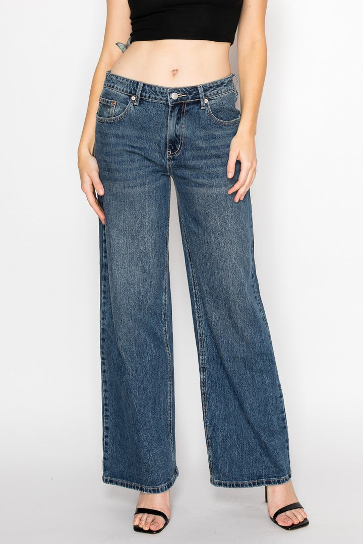Medium  Stone Wash Double Snap Waistband Ultra High Rise Wide Jeans