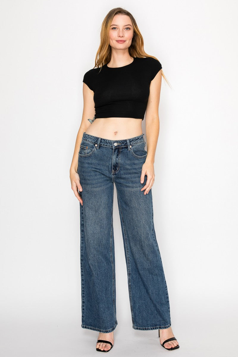 Medium  Stone Wash Double Snap Waistband Ultra High Rise Wide Jeans