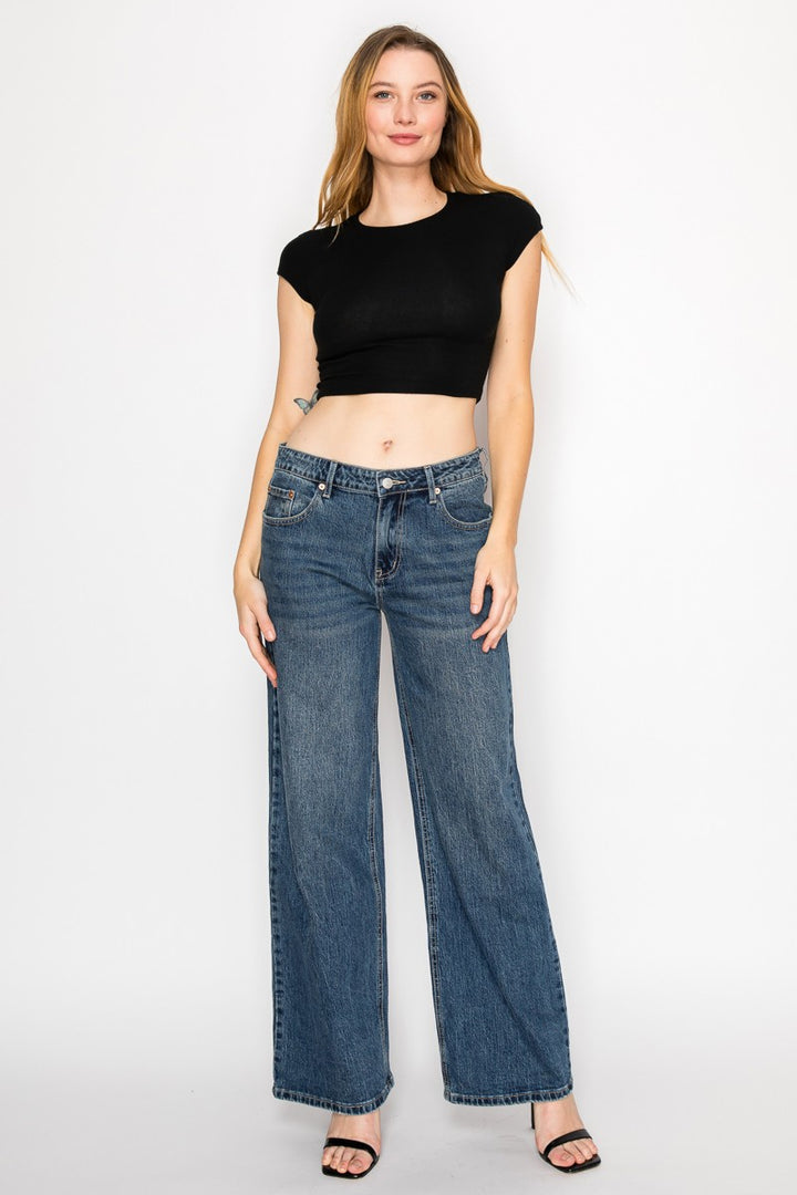 Medium  Stone Wash Double Snap Waistband Ultra High Rise Wide Jeans
