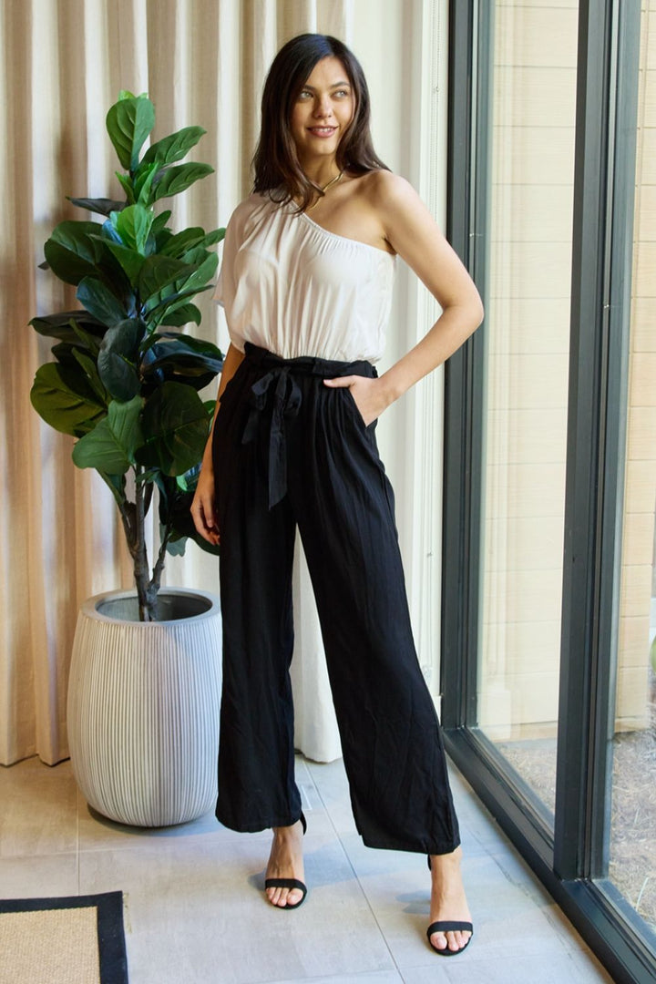 White/Black Dress Day Marvelous In Manhattan One Shoulder Jumpsuit In White Black