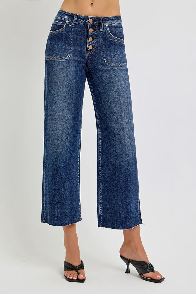 Dark Risen Full Size High Rise Crop Wide Button Up Jeans Plus Size