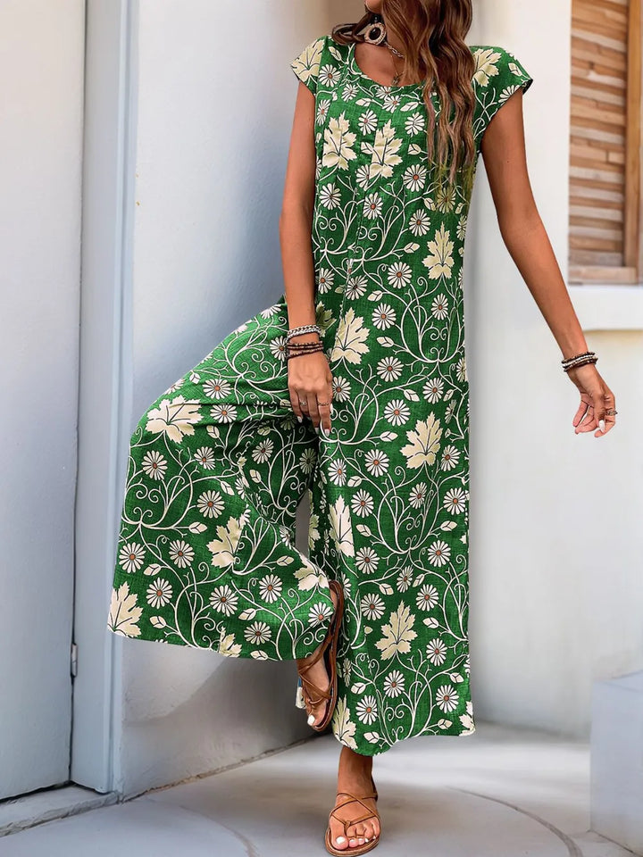 Dark Green Perfee Printed Round Neck Cap Sleeve Wide Leg Jumpsuit