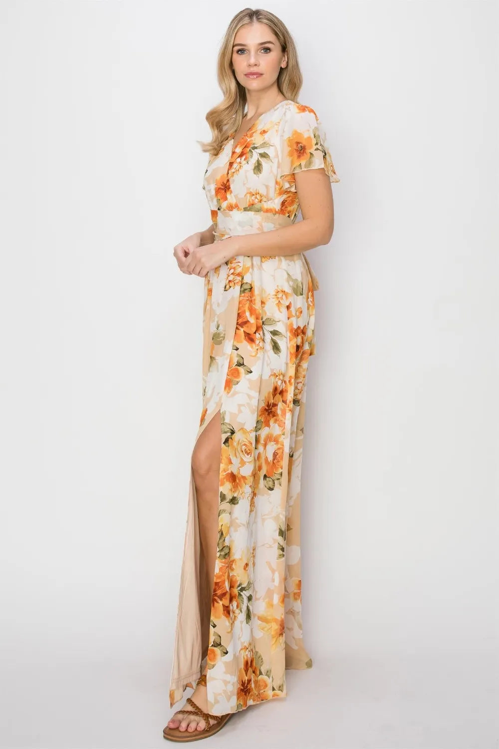 Orange Hyfve Floral Tie Back Short Sleeve Slit Maxi Dress