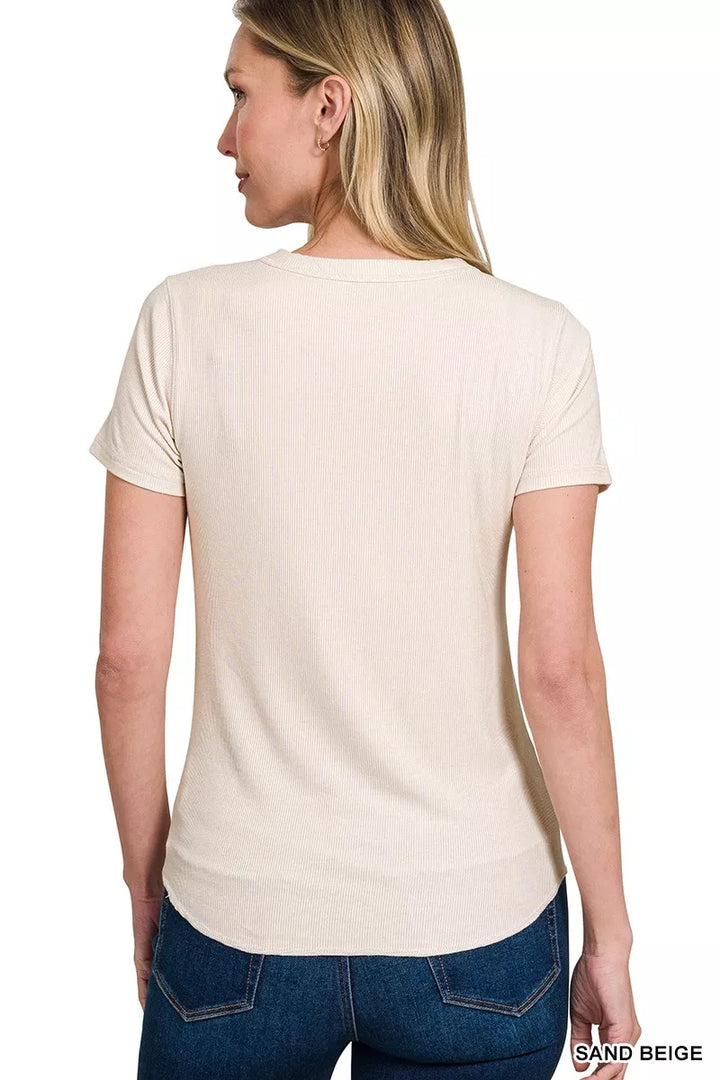 Sand Beige Zenana Ribbed Curved Hem Round Neck Tee 1