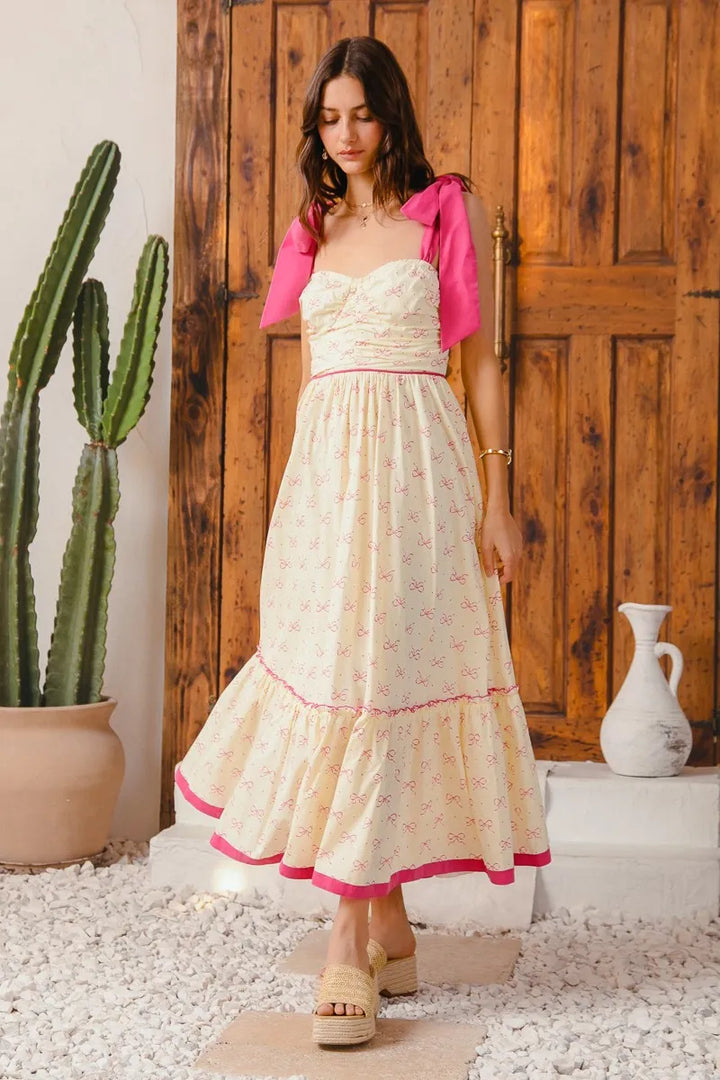 Cream/Pink So Me Ribbon Flowy Maxi Dress With Contrast Trim