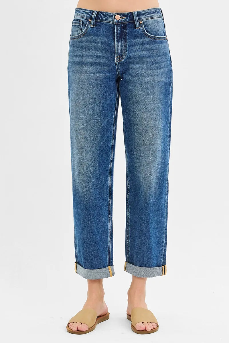 Dark Risen Full Size Mid Rise Boyfriend Roll Up Jeans Plus Size