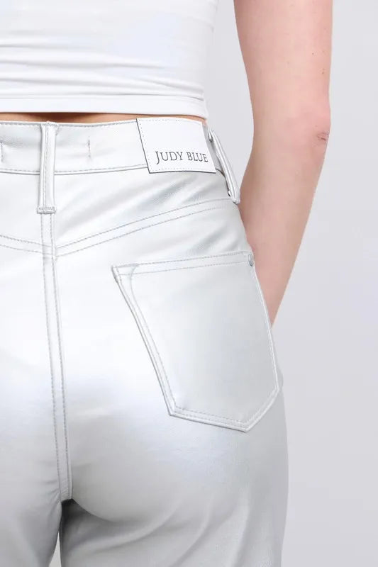 Metallic Silver Judy Blue Full Size High Waist Silver Faux Leather Pants Plus Size
