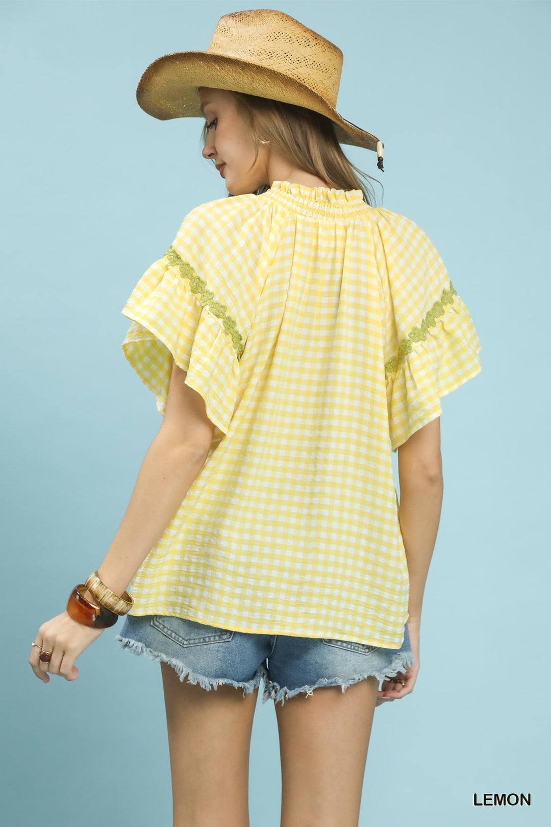 Lemon Umgee Gingham Lace Trim Top 1