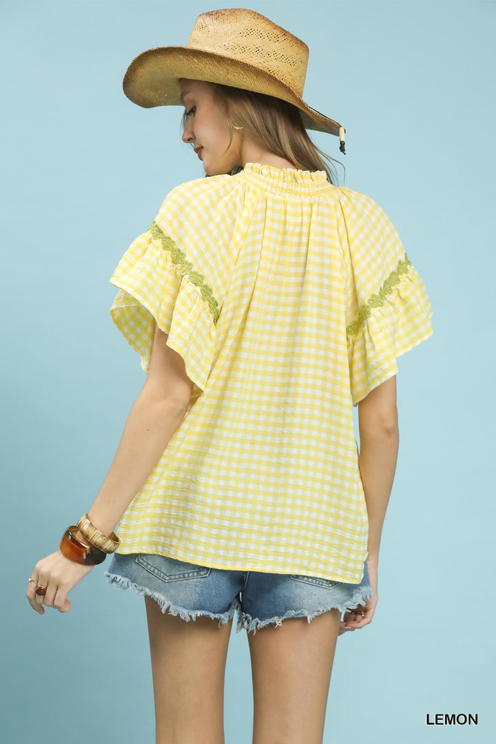 Lemon Umgee Gingham Lace Trim Top 1