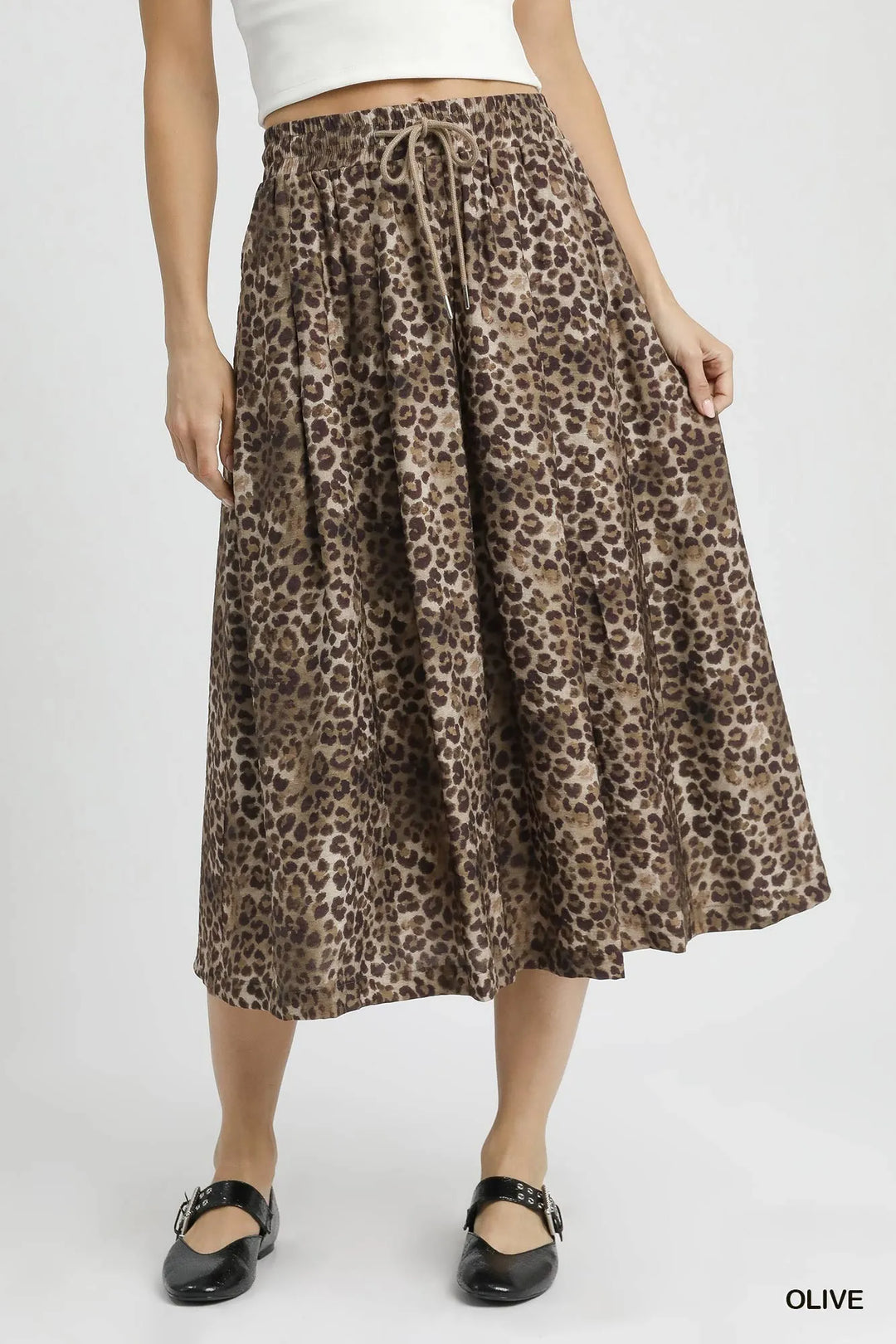 Olive Umgee Drawstring Leopard Midi Skirt