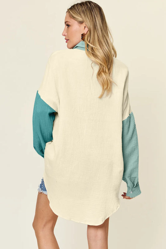 Teal Double Take Full Size Pocketed Texture Button Up Shirt