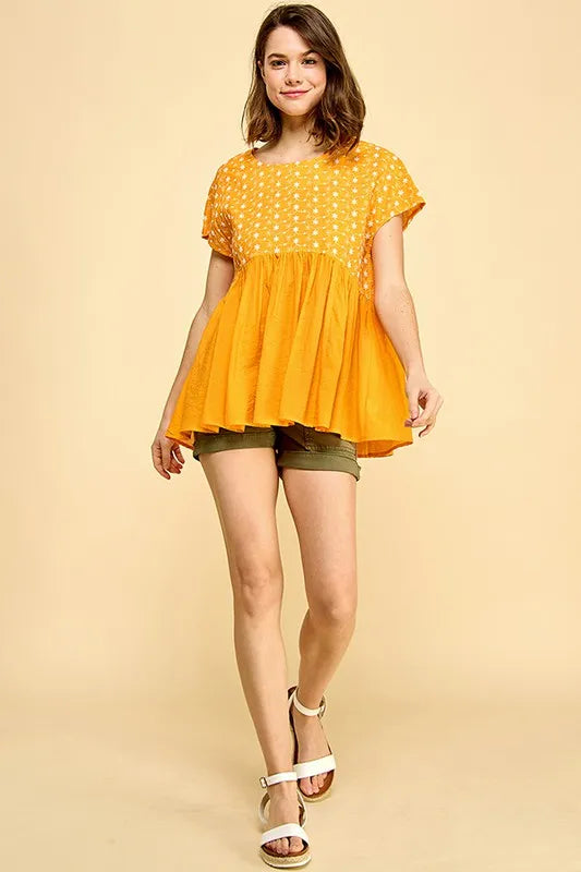 Lime N Chili Embroidered Short Sleeve Pleated Babydoll Top