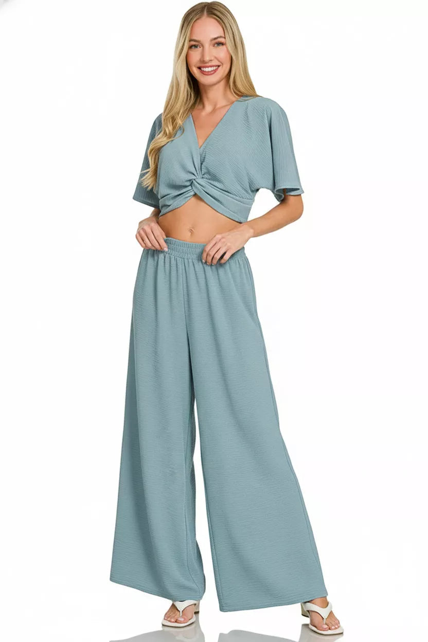 Blue Grey Zenana Woven Airflow Twisted Top Wide Leg Pants Set 3