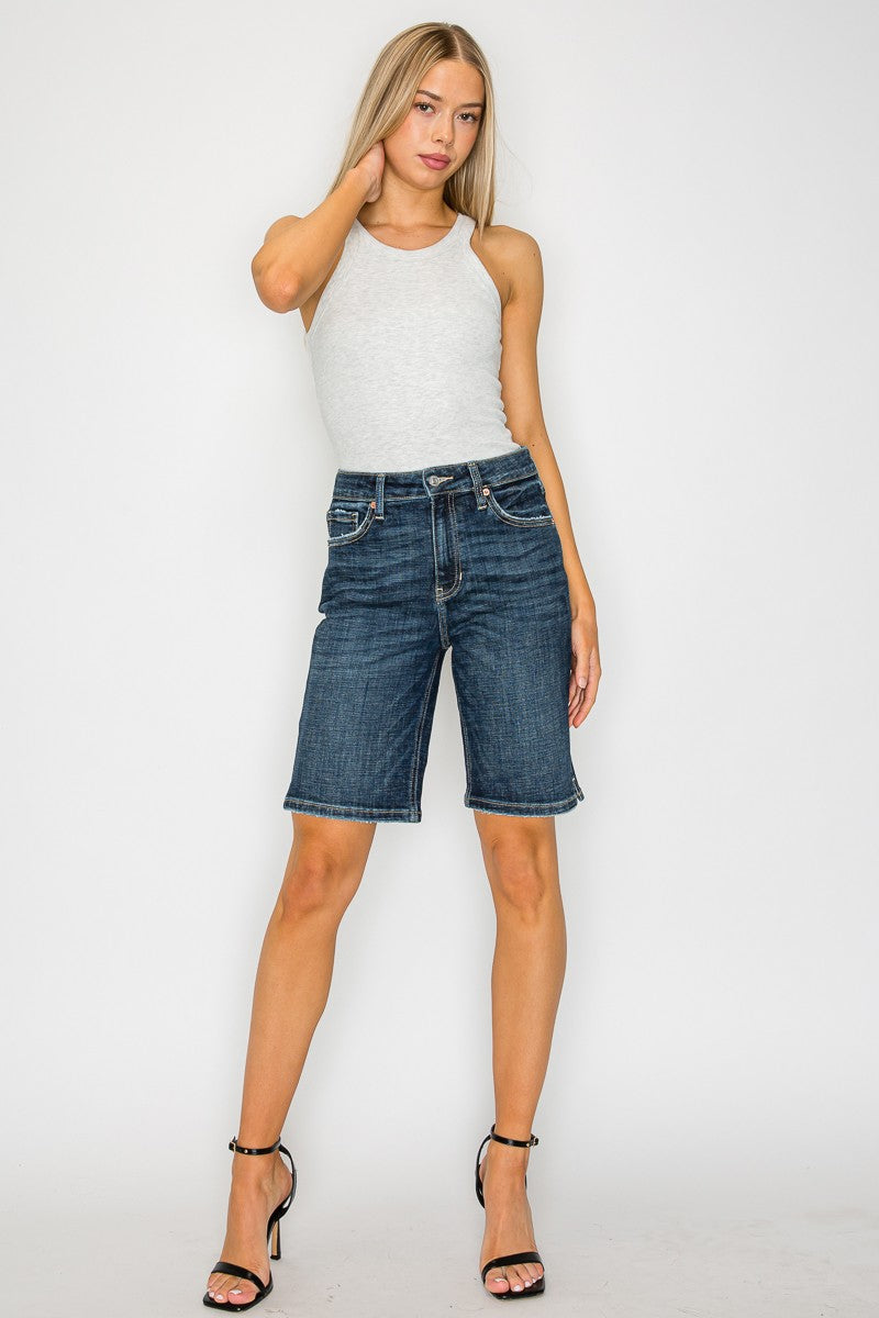 Dark Stone Wash High Rise Bermuda Jeans