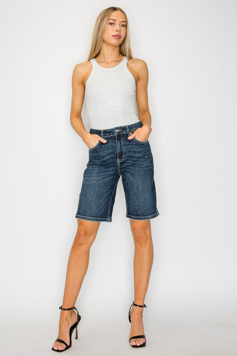Dark Stone Wash High Rise Bermuda Jeans