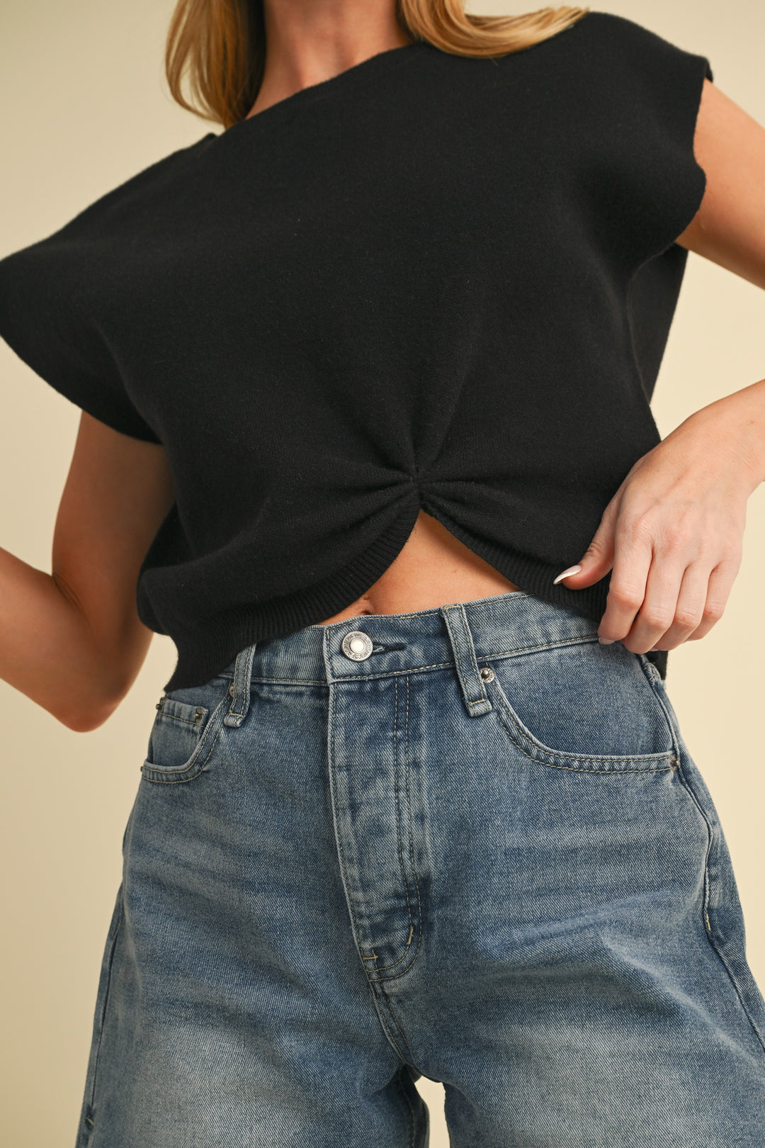 Black Iana Short Sleeve Knotted Top