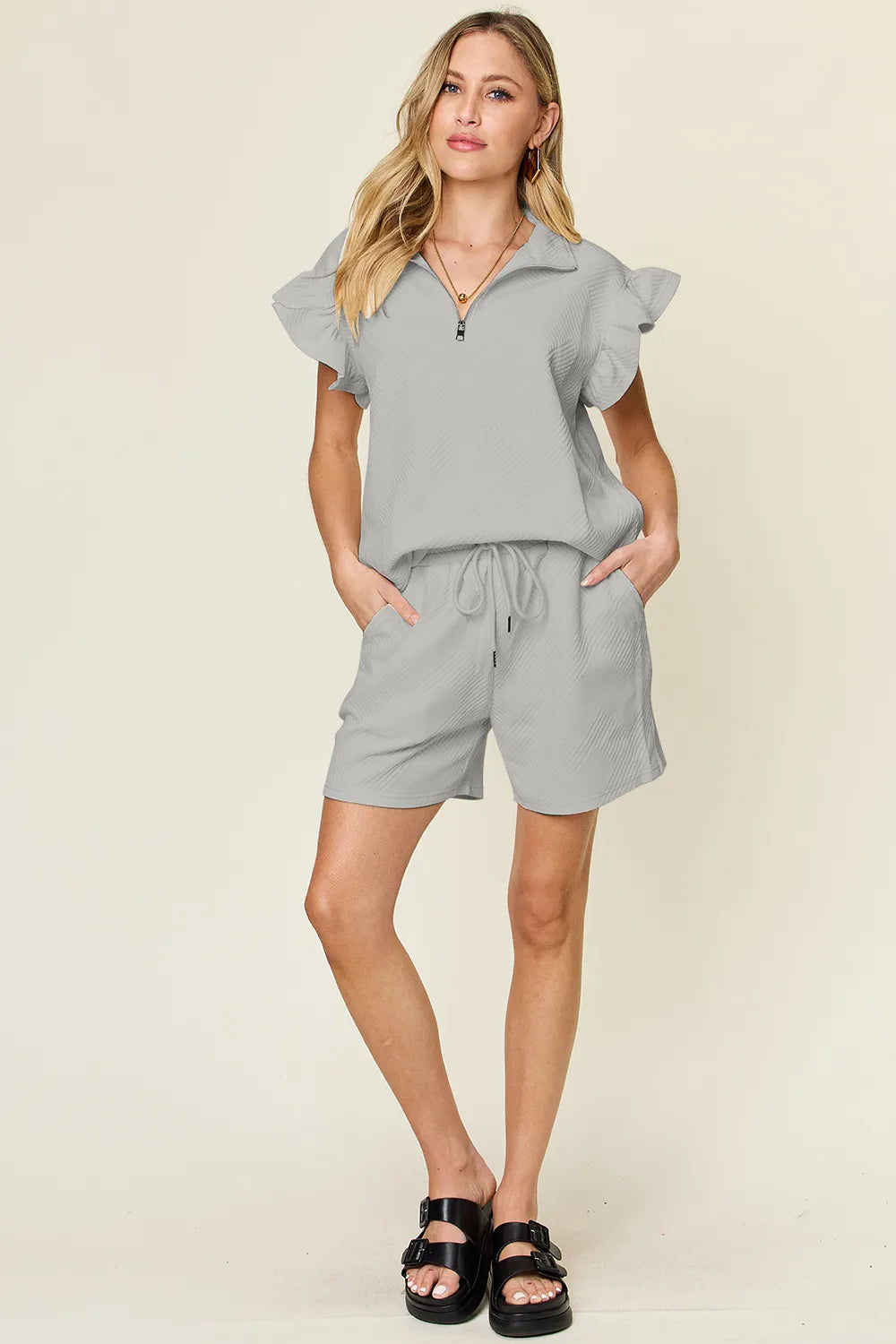 Deep Teal Double Take Full Size Texture Flounce Sleeve Top And Drawstring Shorts Set 1
