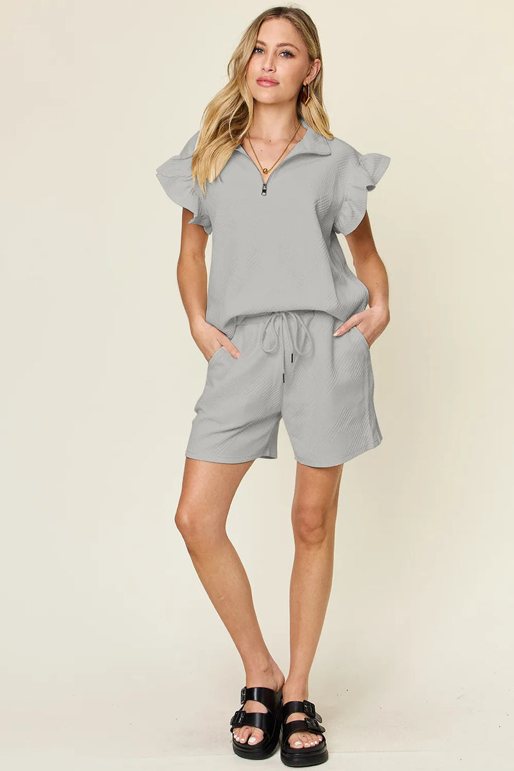 Deep Teal Double Take Full Size Texture Flounce Sleeve Top And Drawstring Shorts Set 1