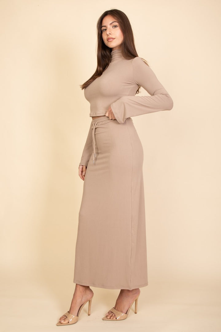 Taupe Mock Neck Bell Sleeve Crop Top Maxi Skirt Set