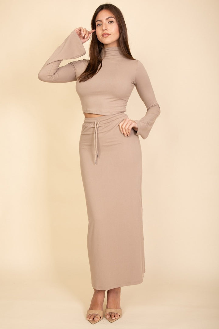 Taupe Mock Neck Bell Sleeve Crop Top Maxi Skirt Set
