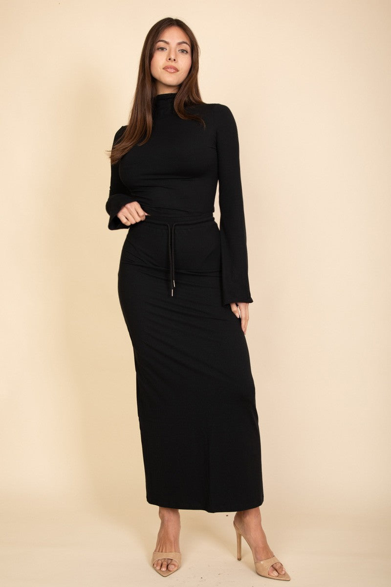 Heather Grey Mock Neck Bell Sleeve Crop Top Maxi Skirt Set