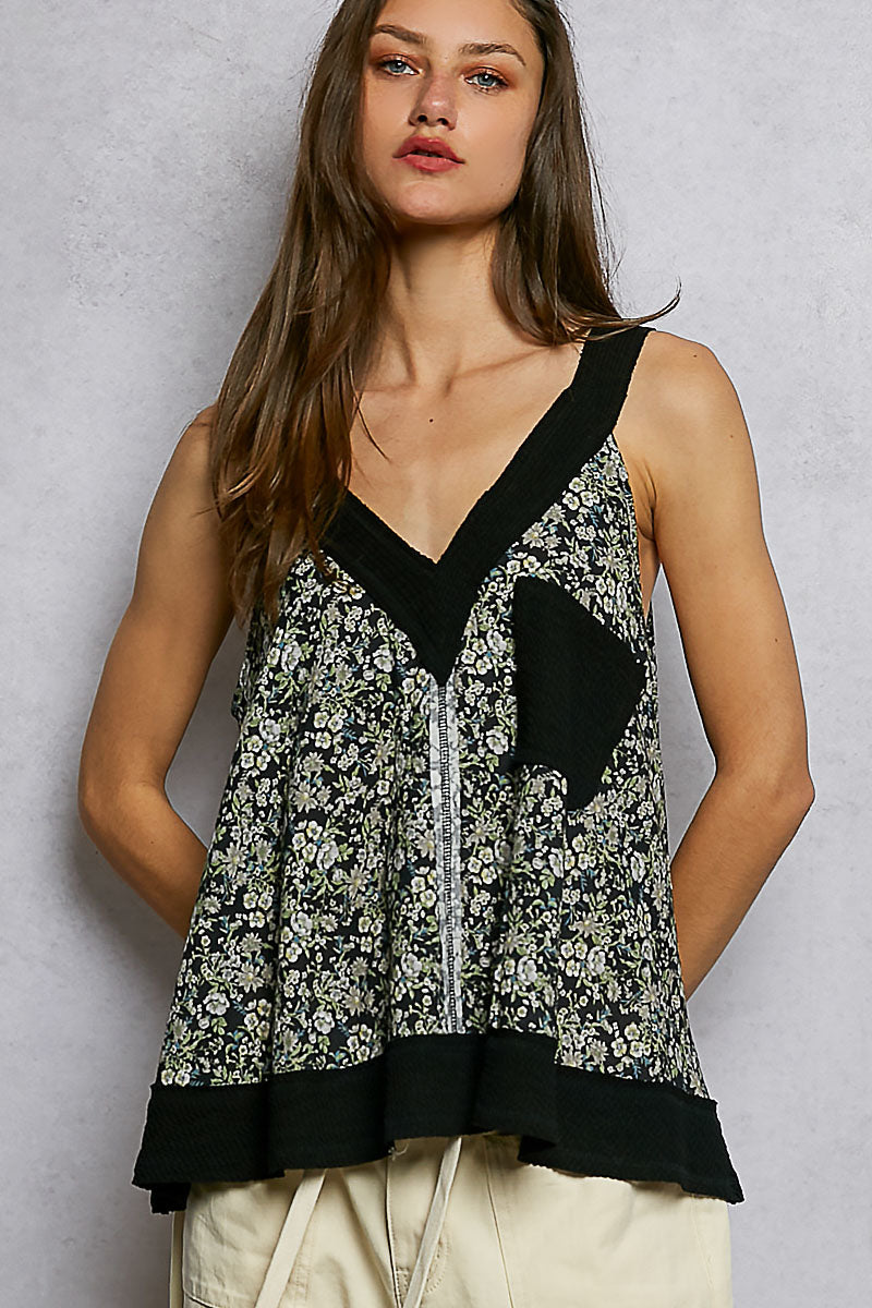 Black Multi Pol Floral V Neck Tank With Front Pocket