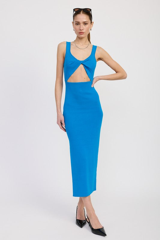 Costal Blue Front Knot Midi Dress With Cutout