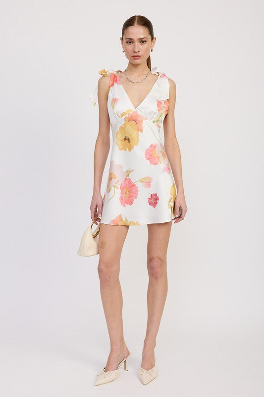 Peach Floral Print Shoulder Bowtie Mini Dress