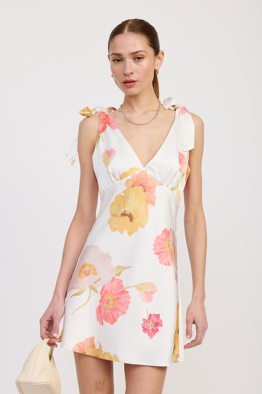 Peach Floral Print Shoulder Bowtie Mini Dress