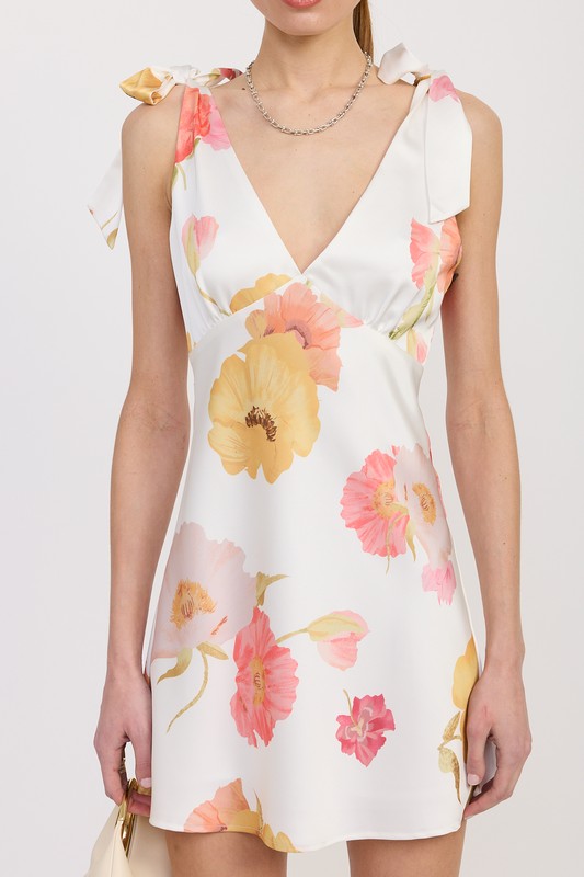 Peach Floral Print Shoulder Bowtie Mini Dress