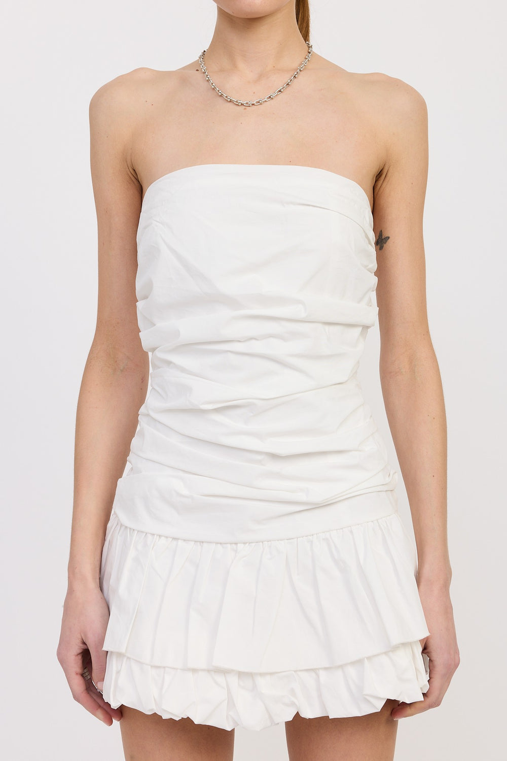 Off White Poplin Tube Dress With Back Tie