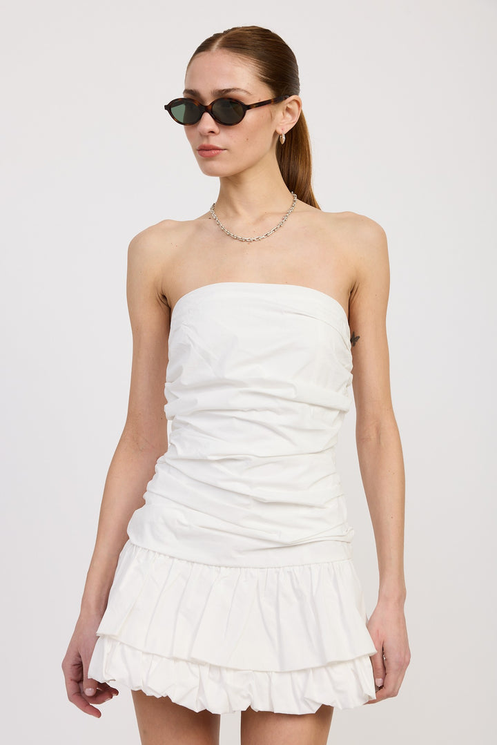 Off White Poplin Tube Dress With Back Tie