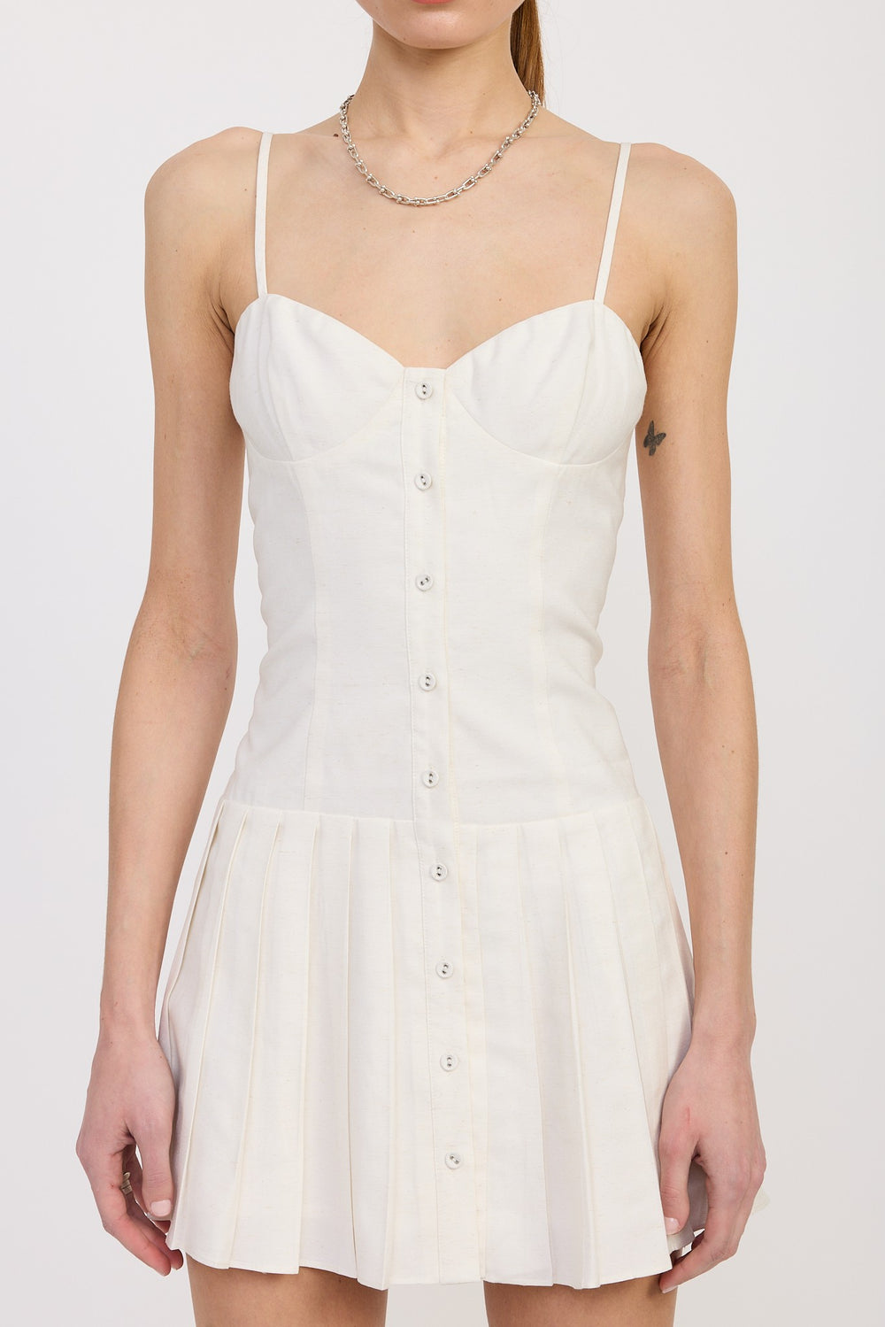 White Spaghetti Strap Pleated Mini Dress