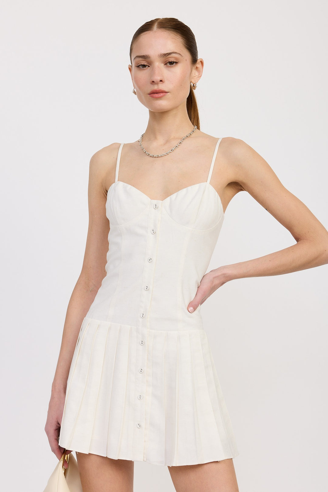 White Spaghetti Strap Pleated Mini Dress