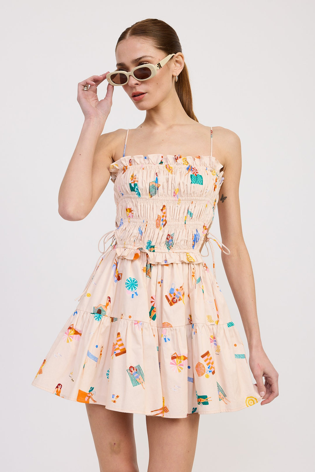 Natural Multi Gathered Poplin Min Dress