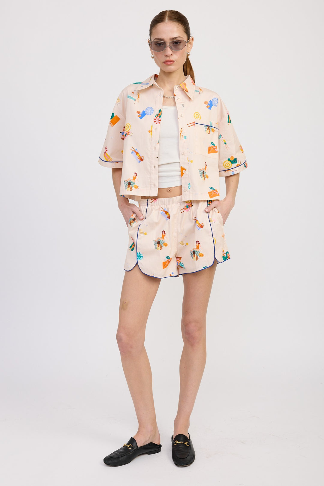 Natural Multi Poplin Shorts With Peping Detail