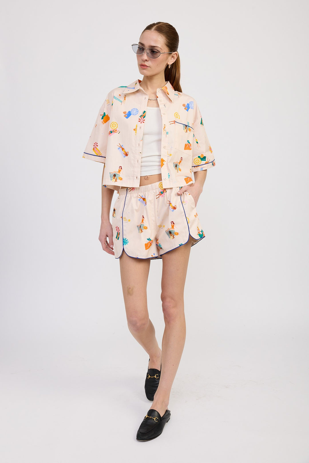Natural Multi Cropped Oversize Button Up Top