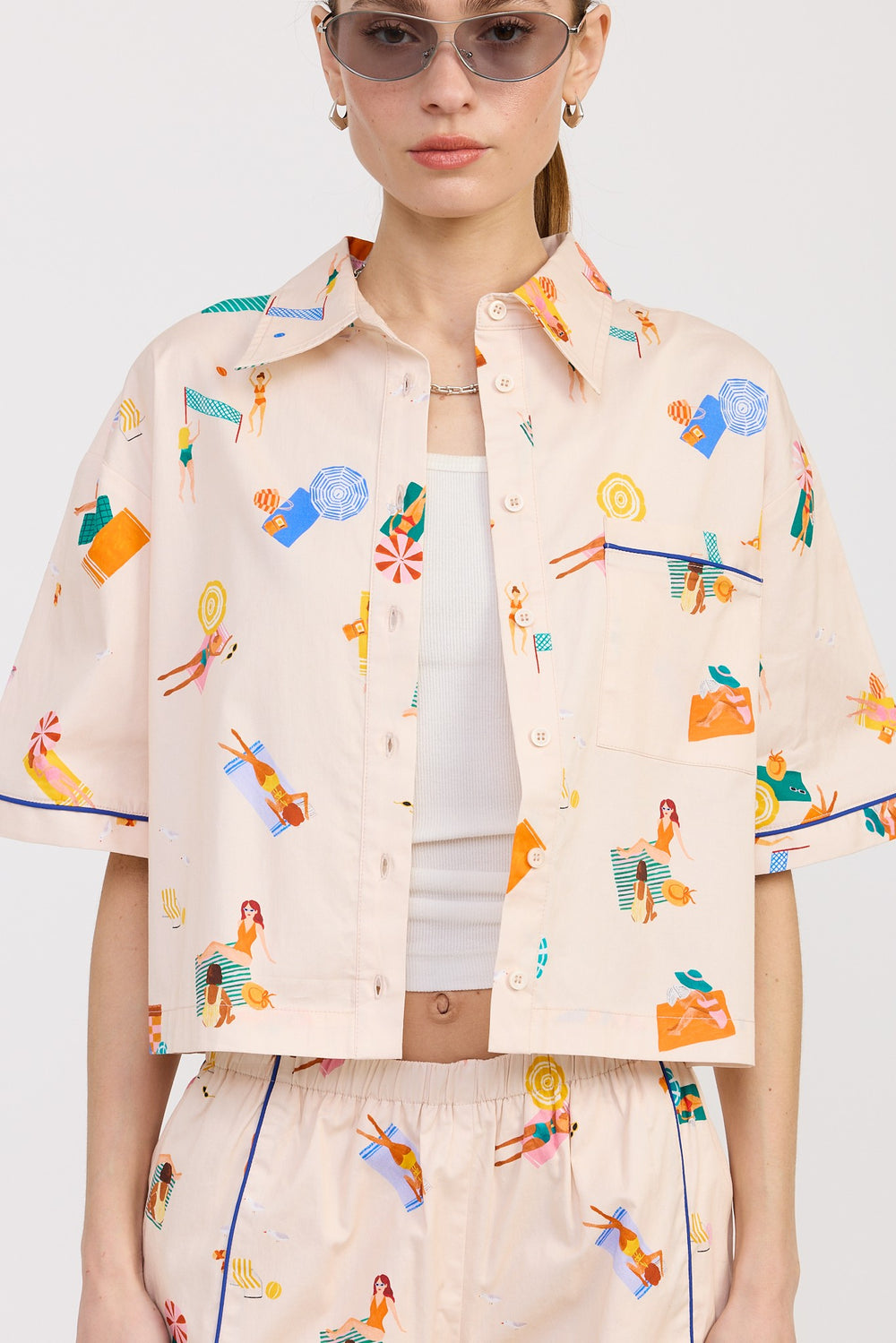 Natural Multi Cropped Oversize Button Up Top